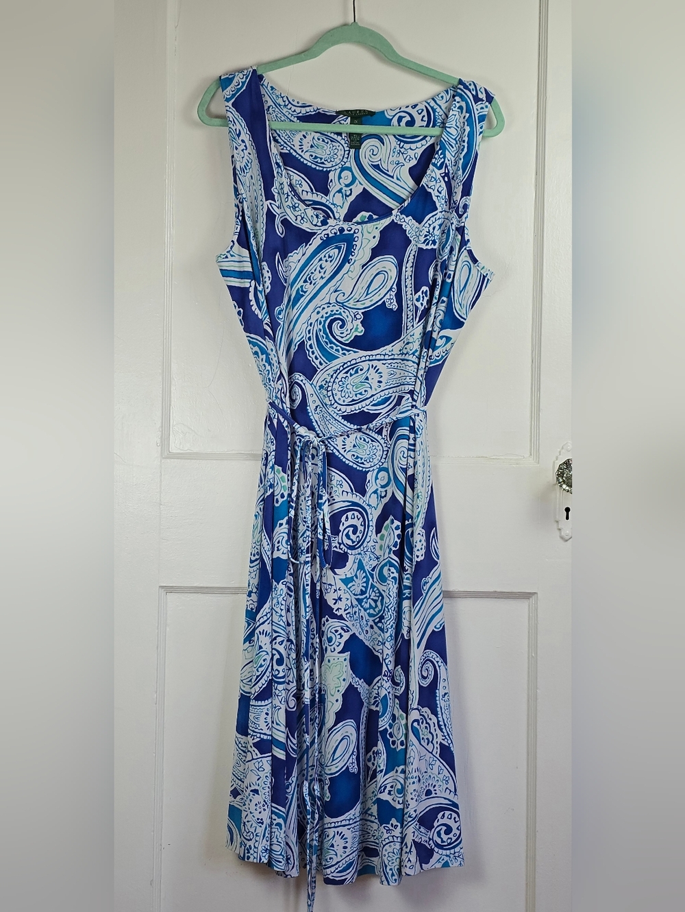 Ralph Lauren Blue Knit Paisley Boho Fit and Flare Dress 2X